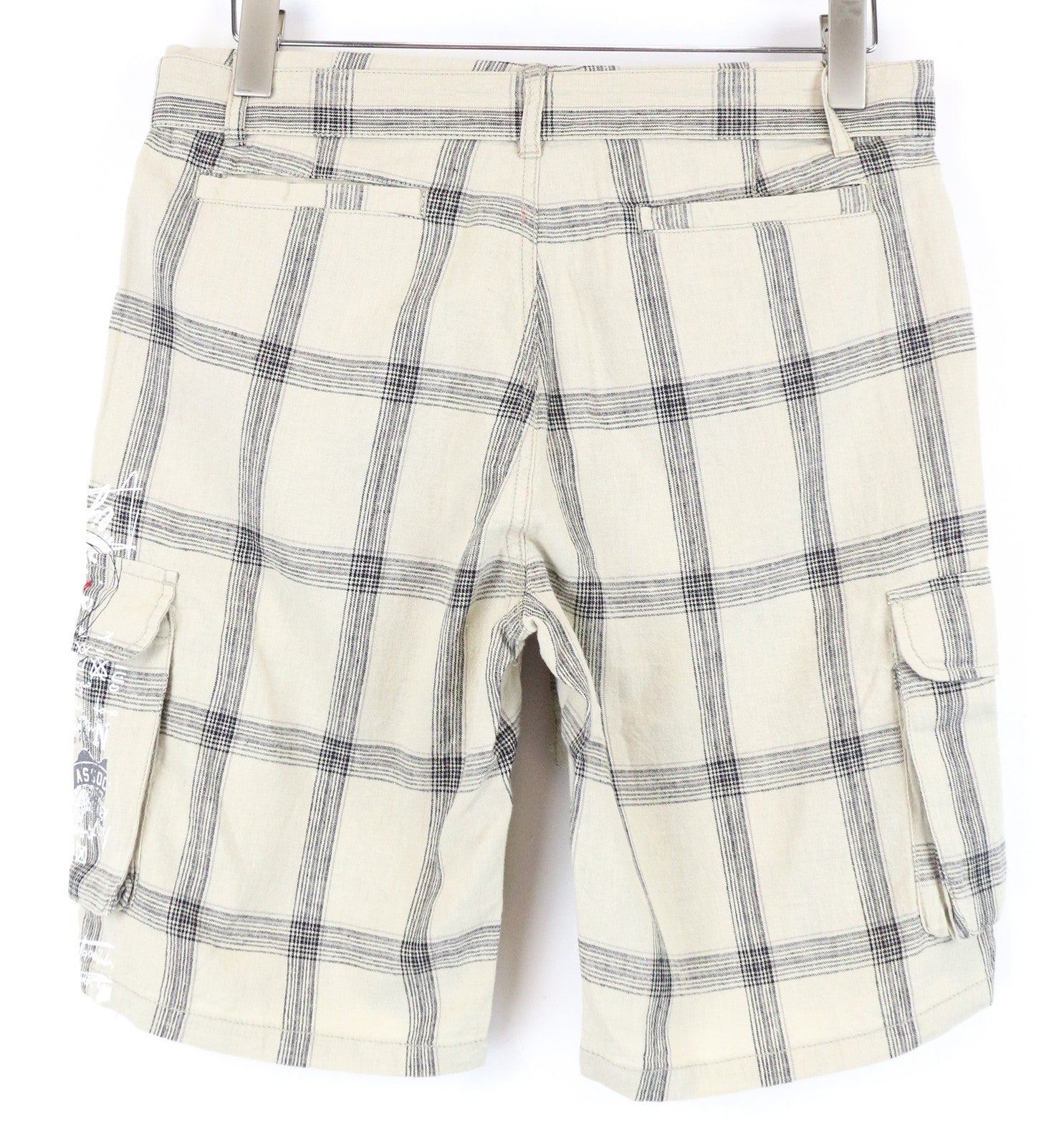 DESIGUAL Marc Men Shorts 32 Light Brown Checked Linen Cotton Multi Pocket Cargo