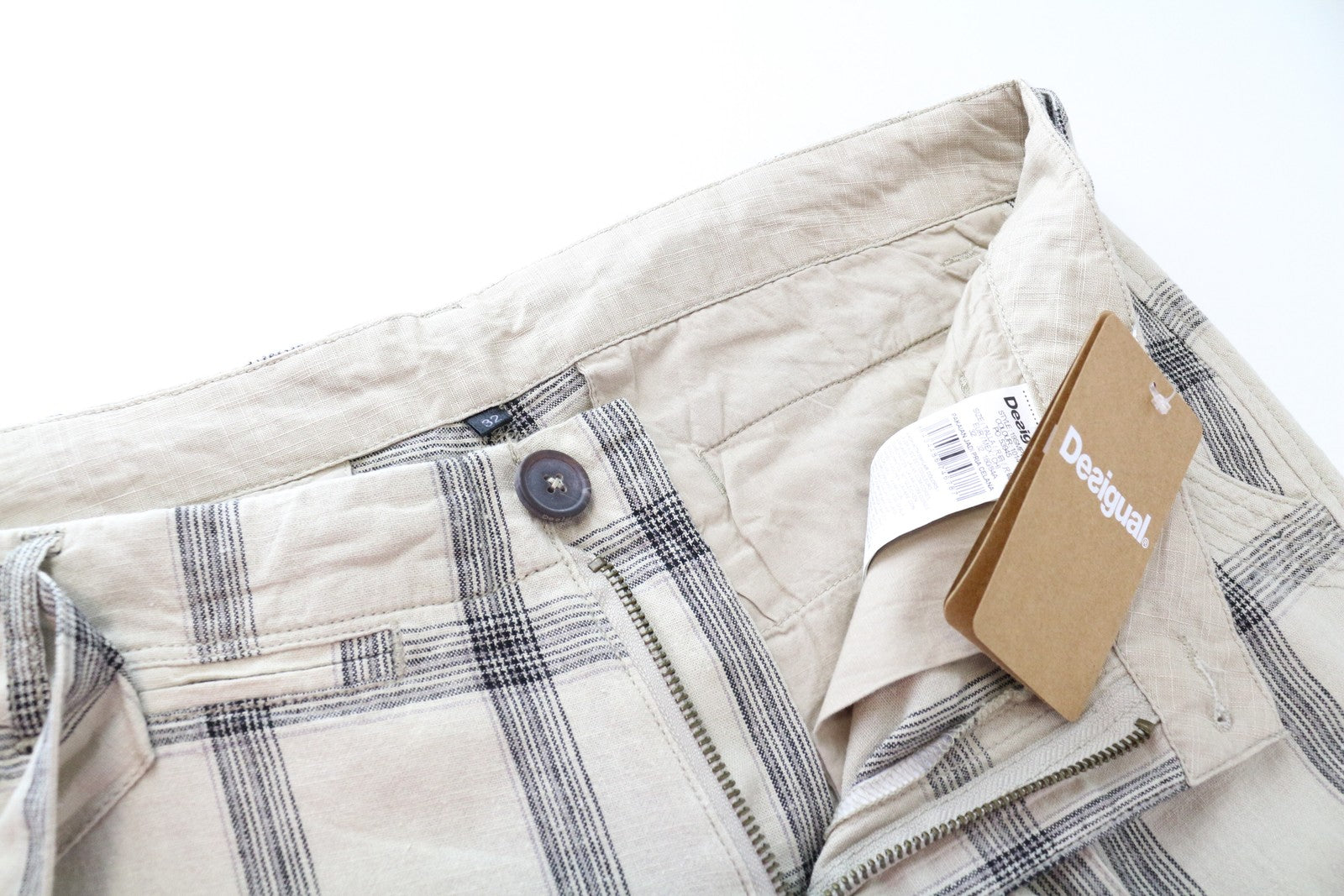 DESIGUAL Marc Men Shorts 32 Light Brown Checked Linen Cotton Multi Pocket Cargo