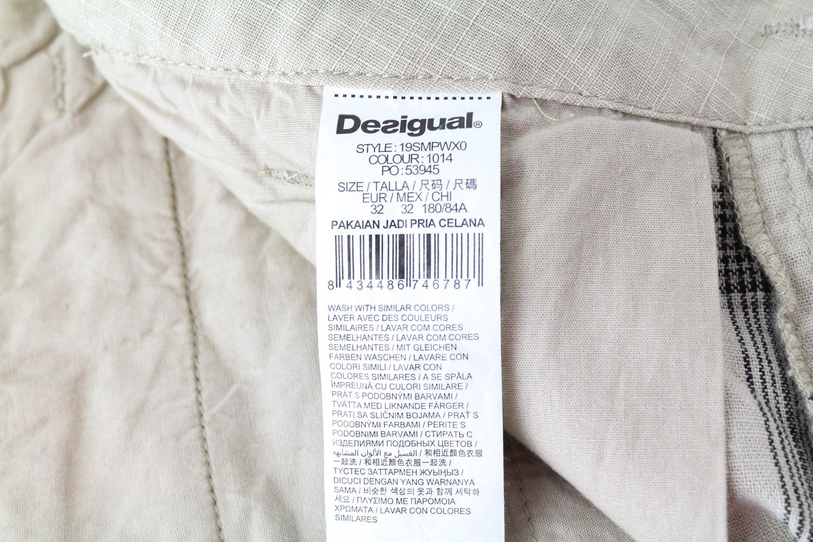 DESIGUAL Marc Men Shorts 32 Light Brown Checked Linen Cotton Multi Pocket Cargo