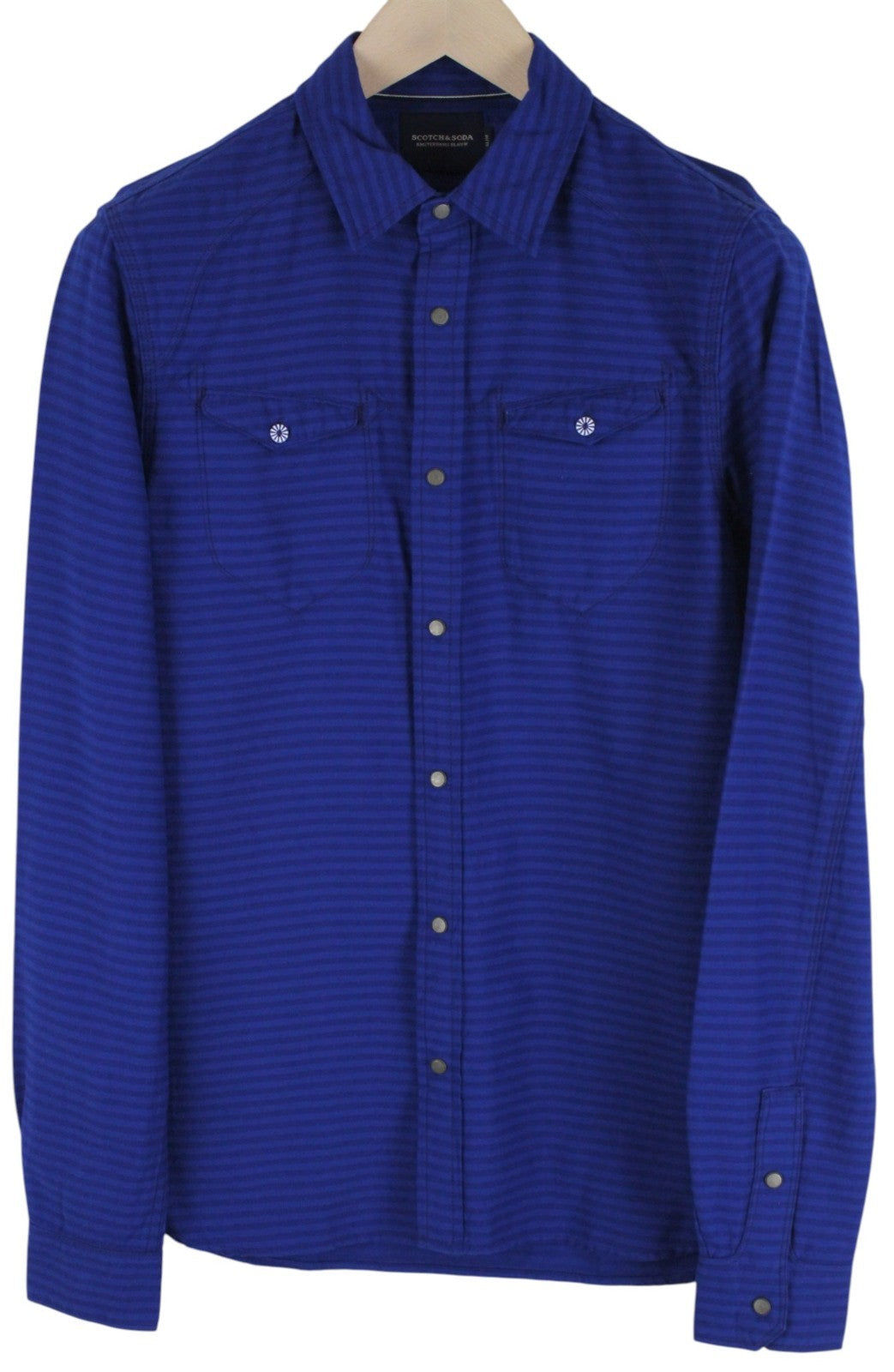 SCOTCH & SODA Ams Blauw Men Shirt S Blue Cotton Slim Snaps Striped Long Sleeve
