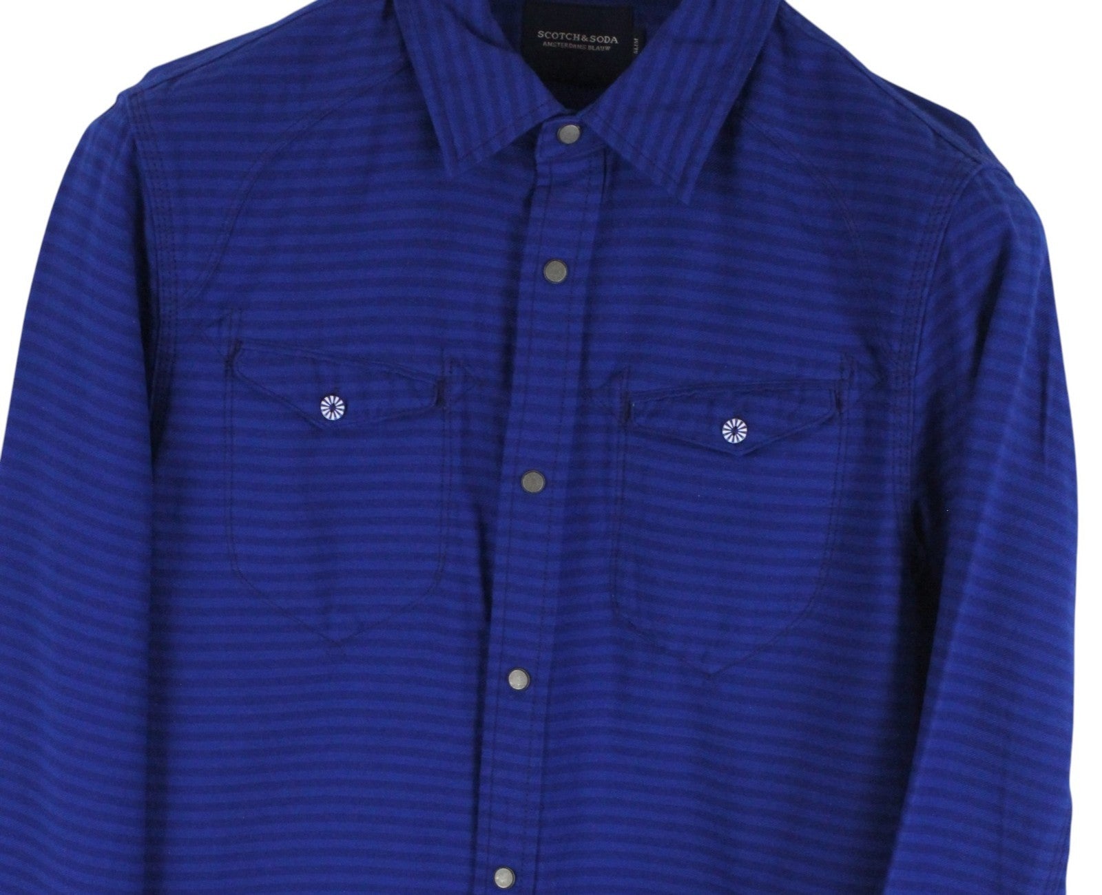 SCOTCH & SODA Ams Blauw Men Shirt S Blue Cotton Slim Snaps Striped Long Sleeve