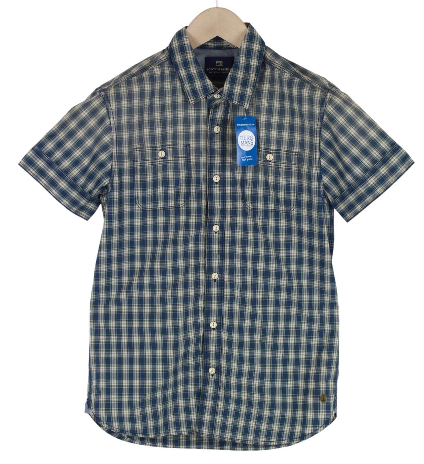 SCOTCH & SODA Ams Couture Men Shirt S Blue Pure Cotton Short Sleeved Checked