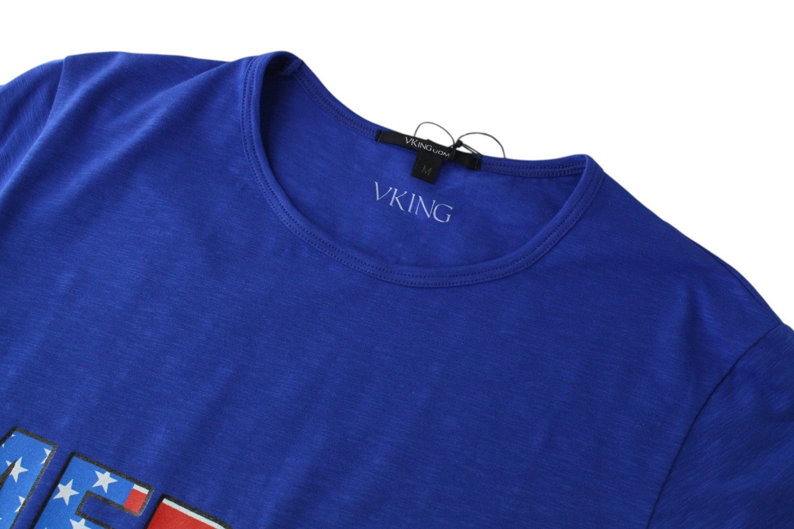 VKING Men T-Shirt M Blue Cotton Stretch Short Sleeved American Logo Print