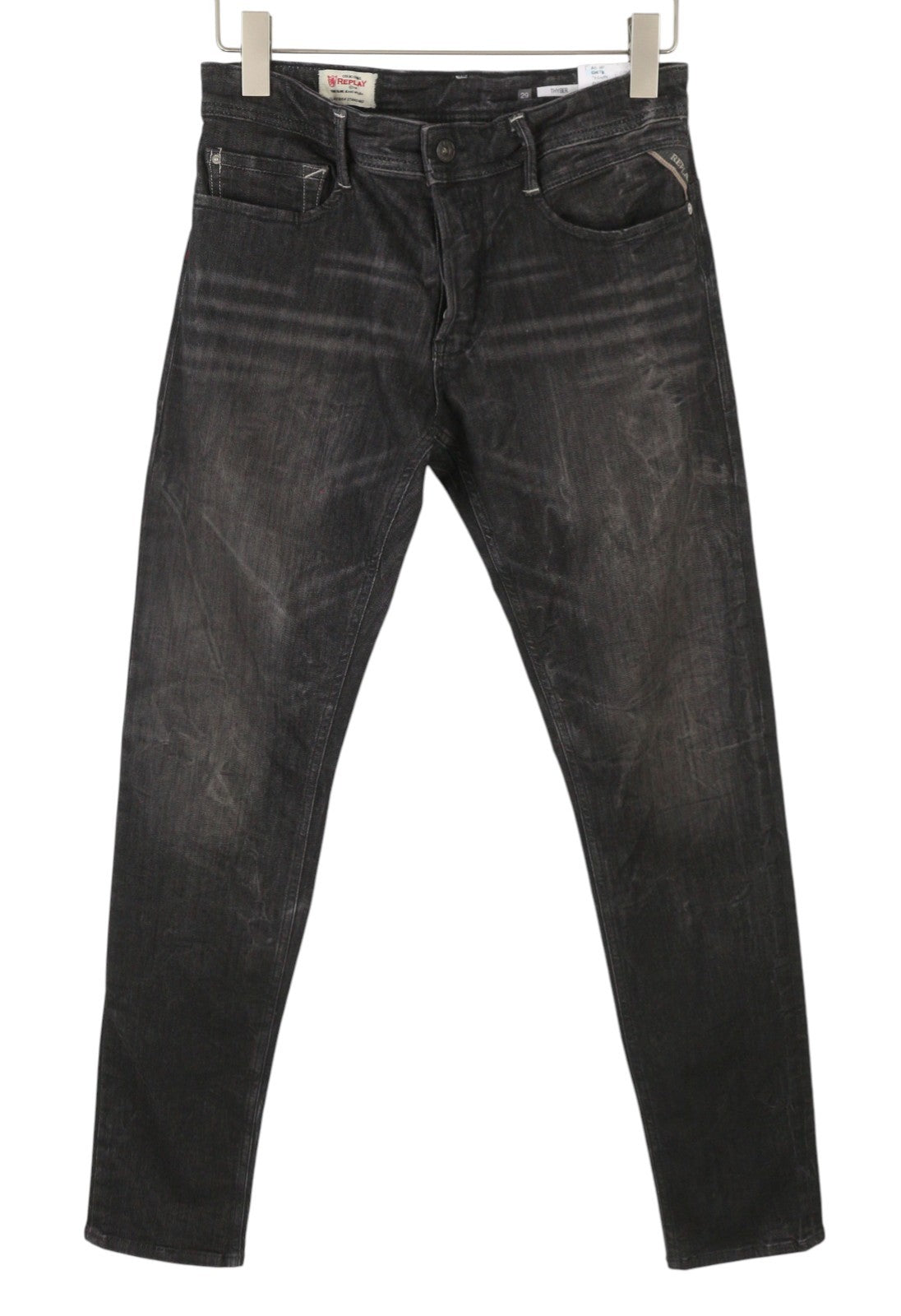 REPLAY Thyber Men Jeans W29/L34 Black Whiskers Faded Stretch Slim Fit Denim