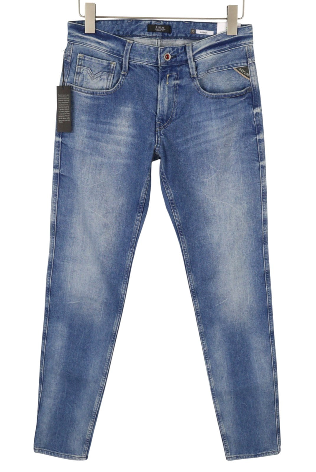 REPLAY Anbass Men Jeans W30/L34 Blue Whiskers Faded Slim Fit Zip Fly Denim