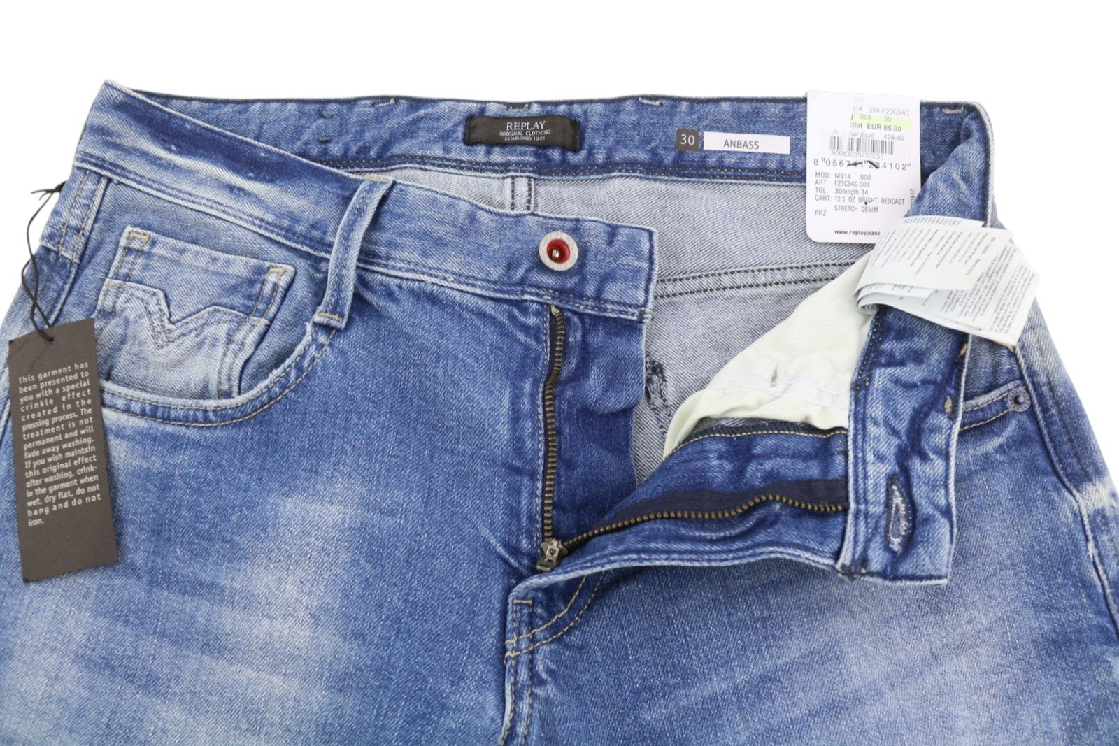 REPLAY Anbass Men Jeans W30/L34 Blue Whiskers Faded Slim Fit Zip Fly Denim