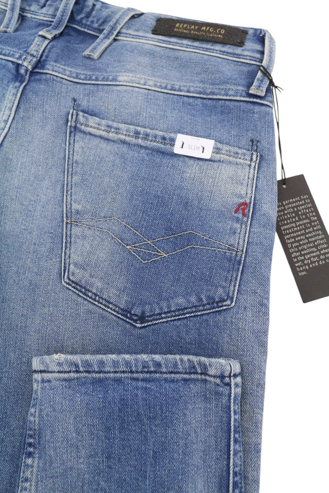 REPLAY Anbass Men Jeans W30/L34 Blue Whiskers Faded Slim Fit Zip Fly Denim