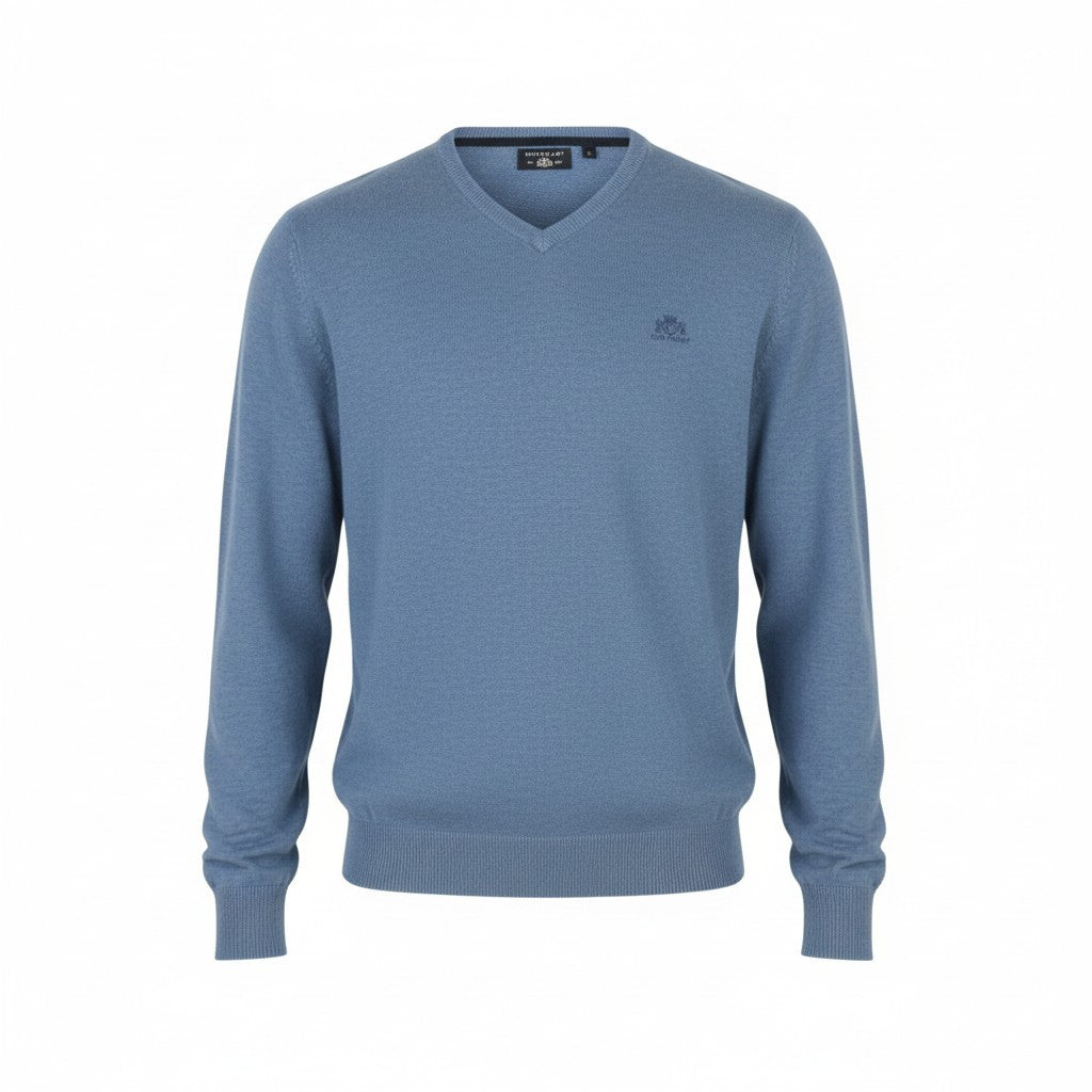 STATE OF ART Men Jumper S Blue Melange Cotton Knit V-Neck Pull On