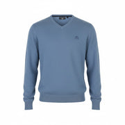 STATE OF ART Men Jumper S Blue Melange Cotton Knit V-Neck Pull On
