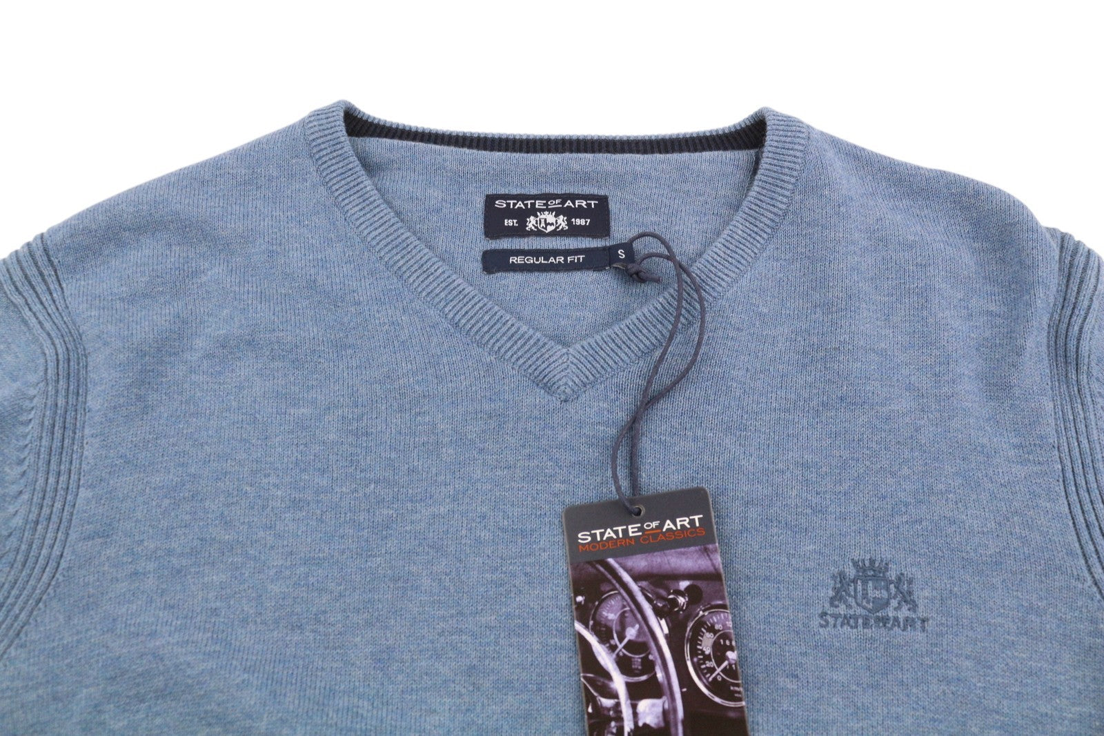 STATE OF ART Men Jumper S Blue Melange Cotton Knit V-Neck Pull On