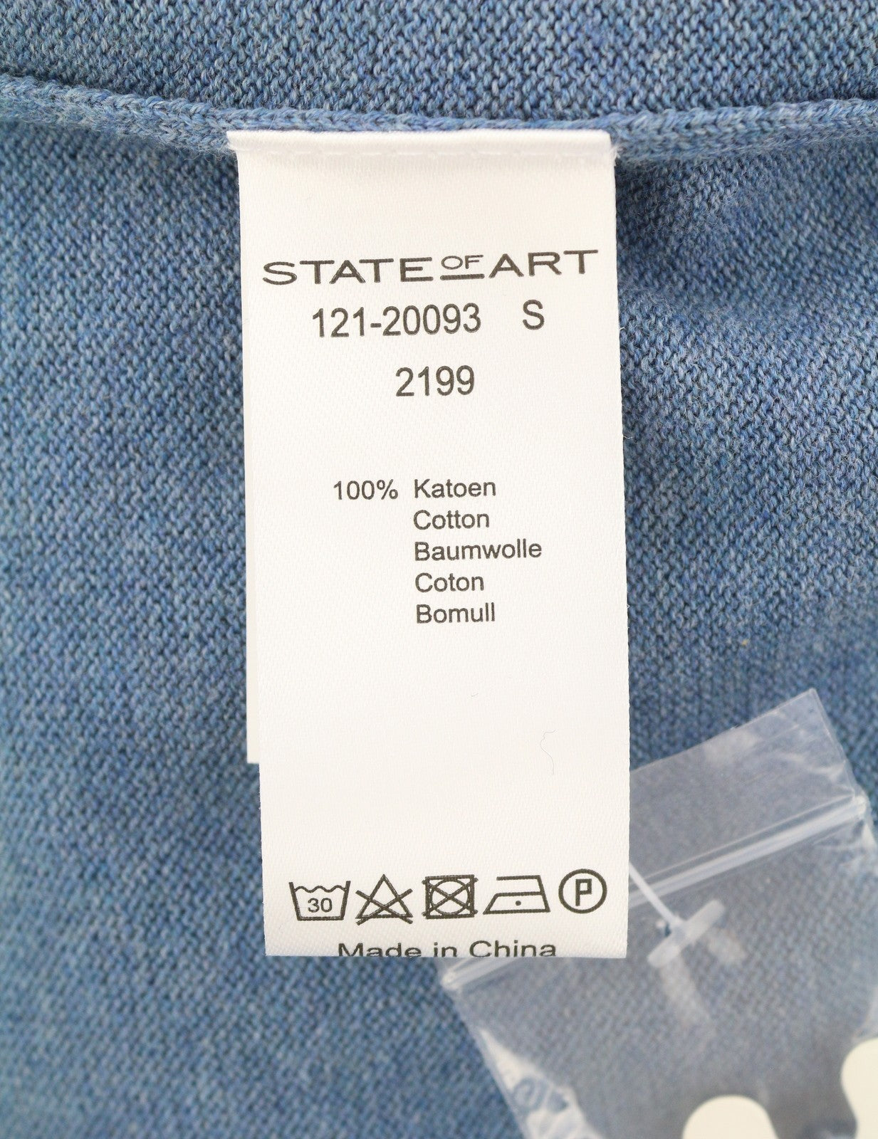 STATE OF ART Men Jumper S Blue Melange Cotton Knit V-Neck Pull On