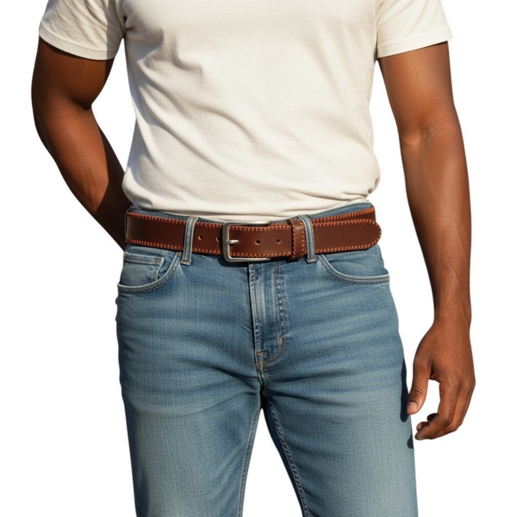 HARMONT & BLAINE Men Belt 120 cm Genuine Leather Metal Buckled Threaded Brown