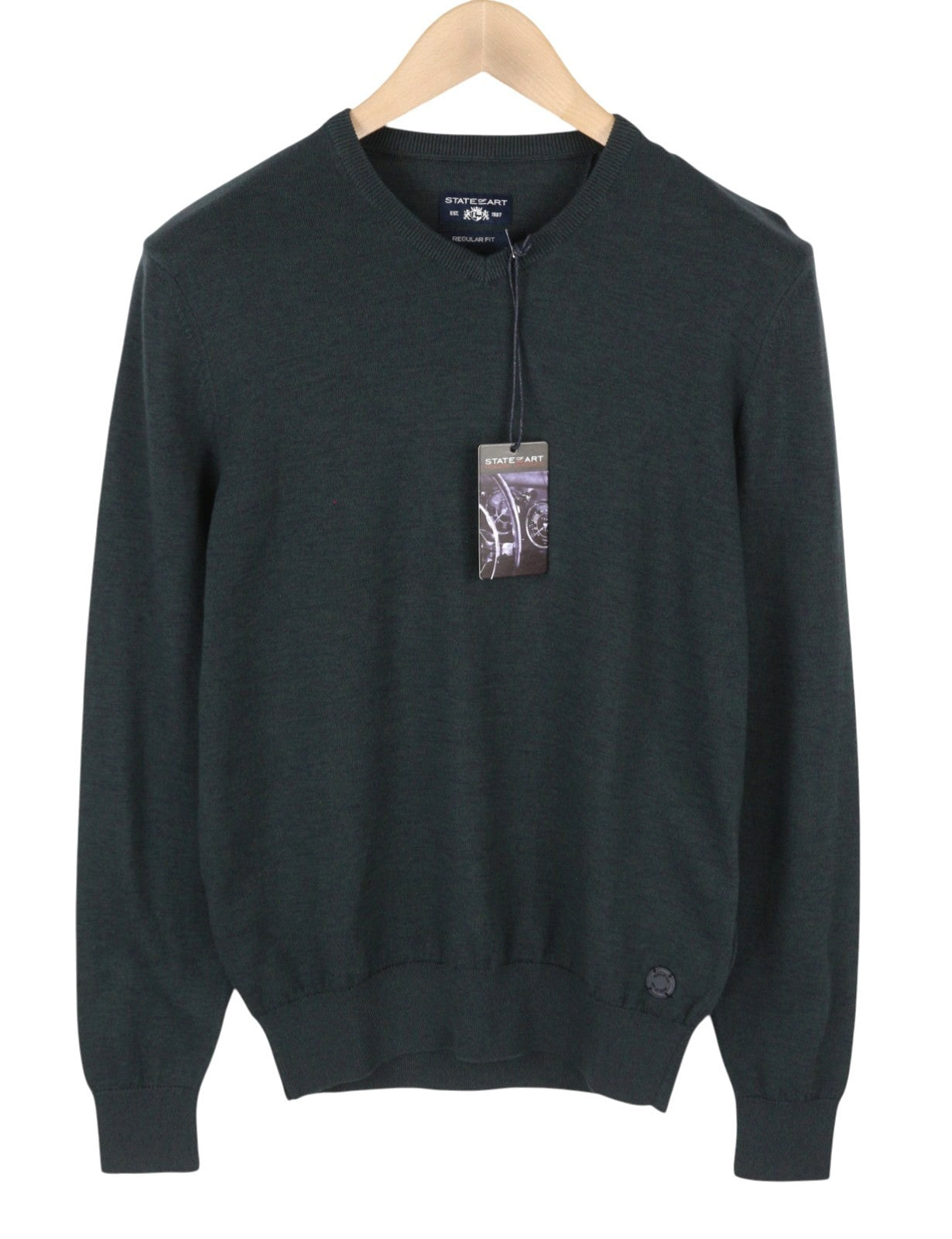STATE OF ART Men Jumper S Dark Grey Melange Knitted V-Neck Pull On