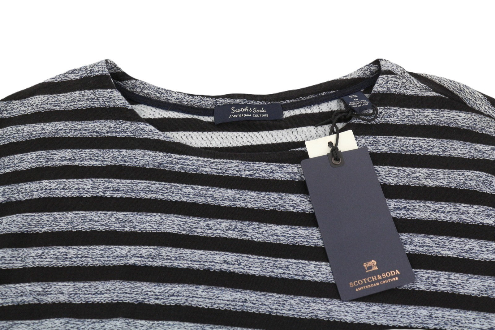 SCOTCH & SODA Men Sweatshirt M Black Striped Crew Neck Long Sleeve Pull On