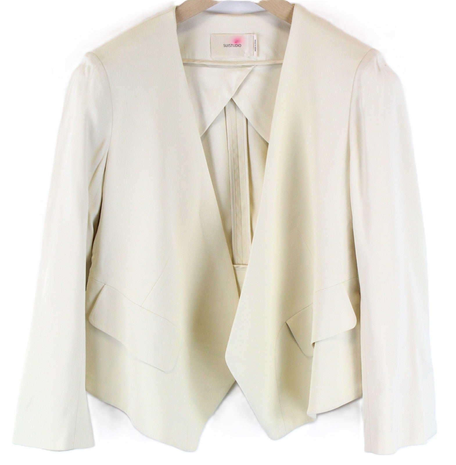 SUISTUDIO Mosie Women Blazer UK10 Off-White Draped Lapels Cropped Long Sleeve