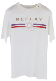 REPLAY Women T-Shirt XS White Pure Cotton Short Sleeved Logo Print Pull On