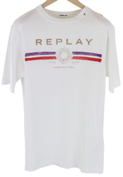 REPLAY Women T-Shirt XS White Casual Cotton Short Sleeved Logo Print Pull On