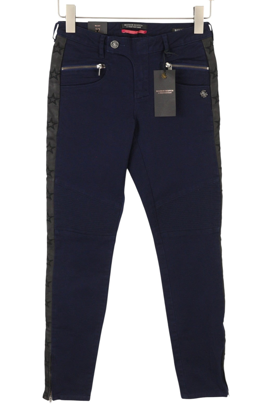 MAISON SCOTCH Biker Women Jeans W27 Dark Blue Skinny Fit Stars Lines On Sides