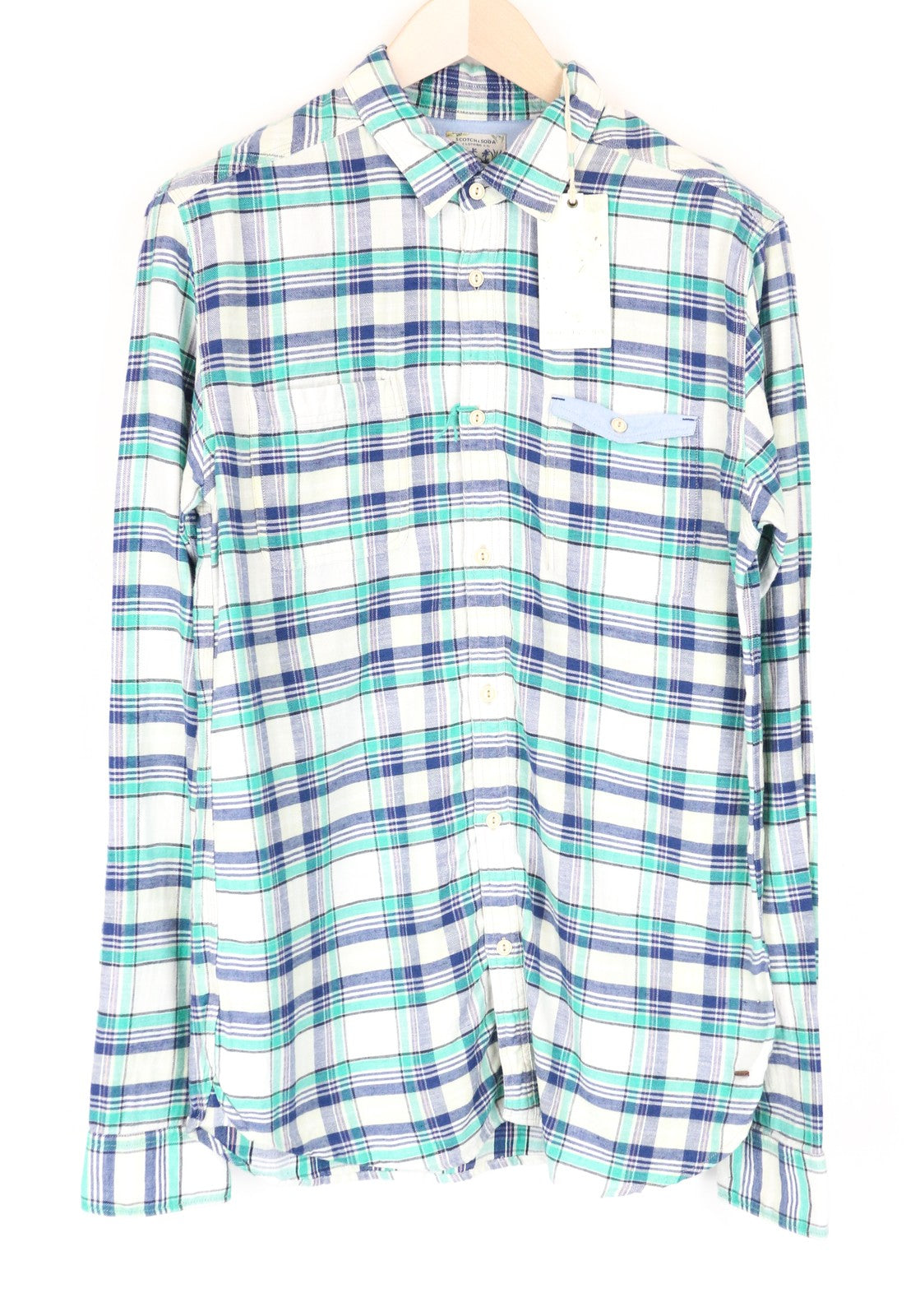 SCOTCH & SODA Ams Couture Men Shirt ~M Blue Green Checked Long Sleeve Pocketed