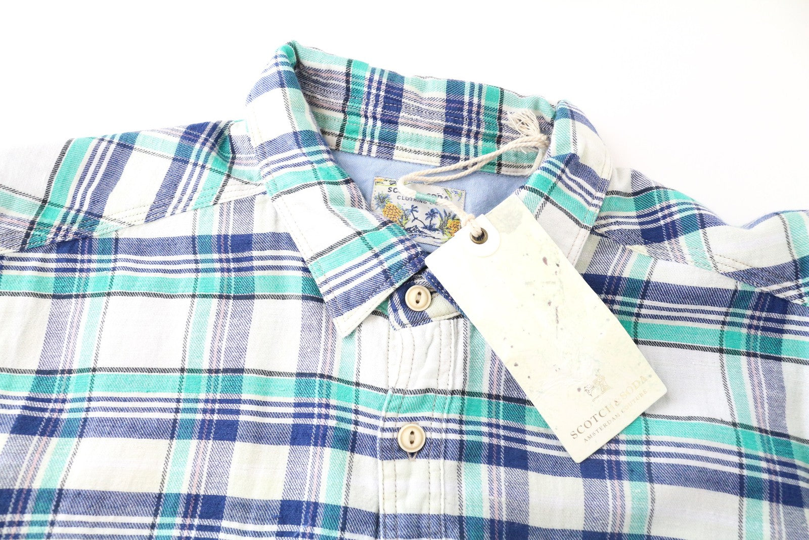 SCOTCH & SODA Ams Couture Men Shirt ~M Blue Green Checked Long Sleeve Pocketed