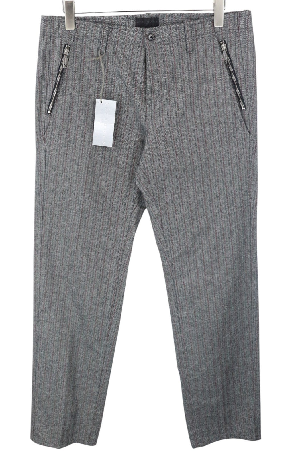 RICHMOND  Men Trousers 48 Grey Pure Cotton Patter Zip Pocket Pleated Button-Fly