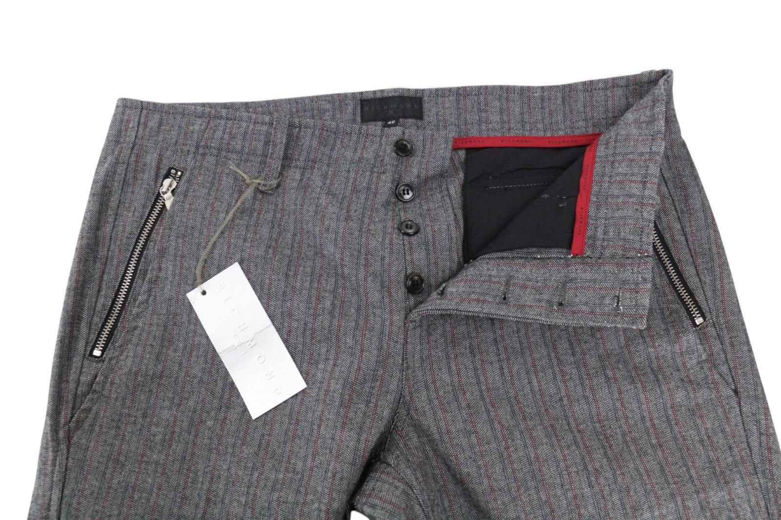 RICHMOND  Men Trousers 48 Grey Pure Cotton Patter Zip Pocket Pleated Button-Fly
