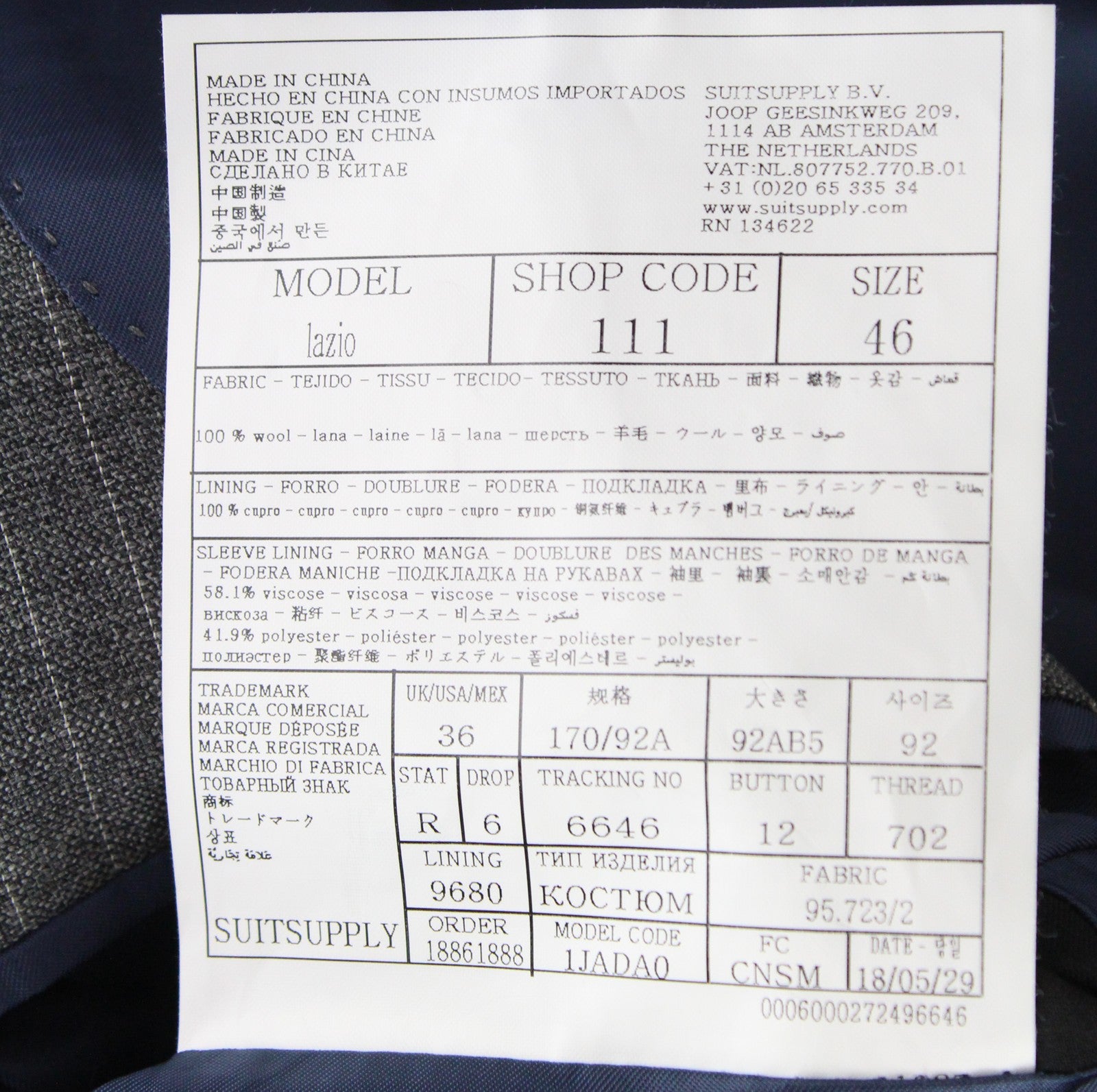 SUITSUPPLY Lazio Men Blazer UK36R Grey Pure Wool Pinstriped Single-Breasted