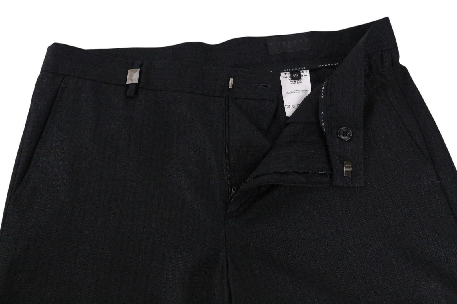 RICHMOND  Men Trousers 48 Black Wool Silk Striped Pattern Pleated Classic