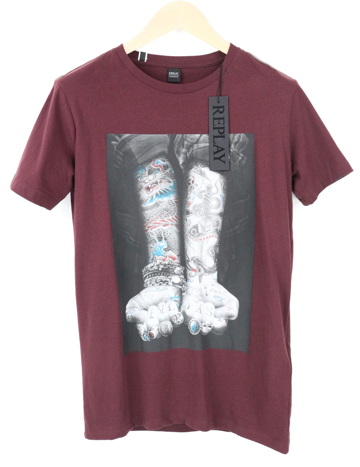 REPLAY Men T-Shirt S Red Pure Cotton Printed Short Sleeved Round Neck Pull On