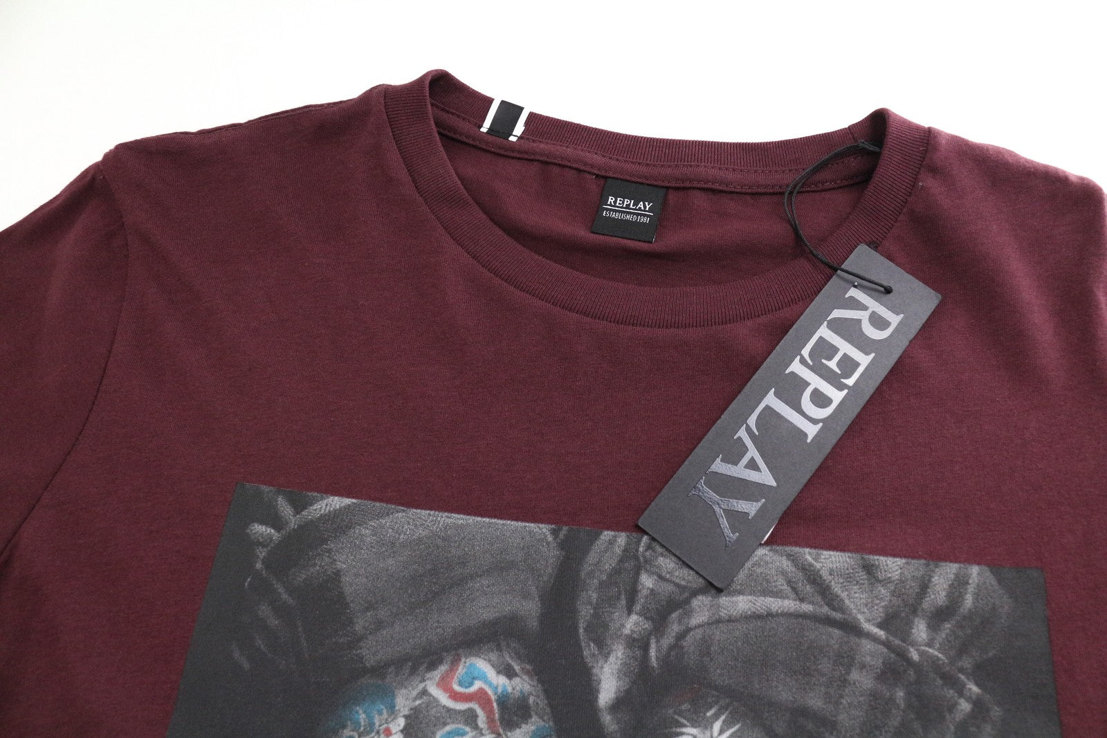 REPLAY Men T-Shirt S Red Pure Cotton Printed Short Sleeved Round Neck Pull On
