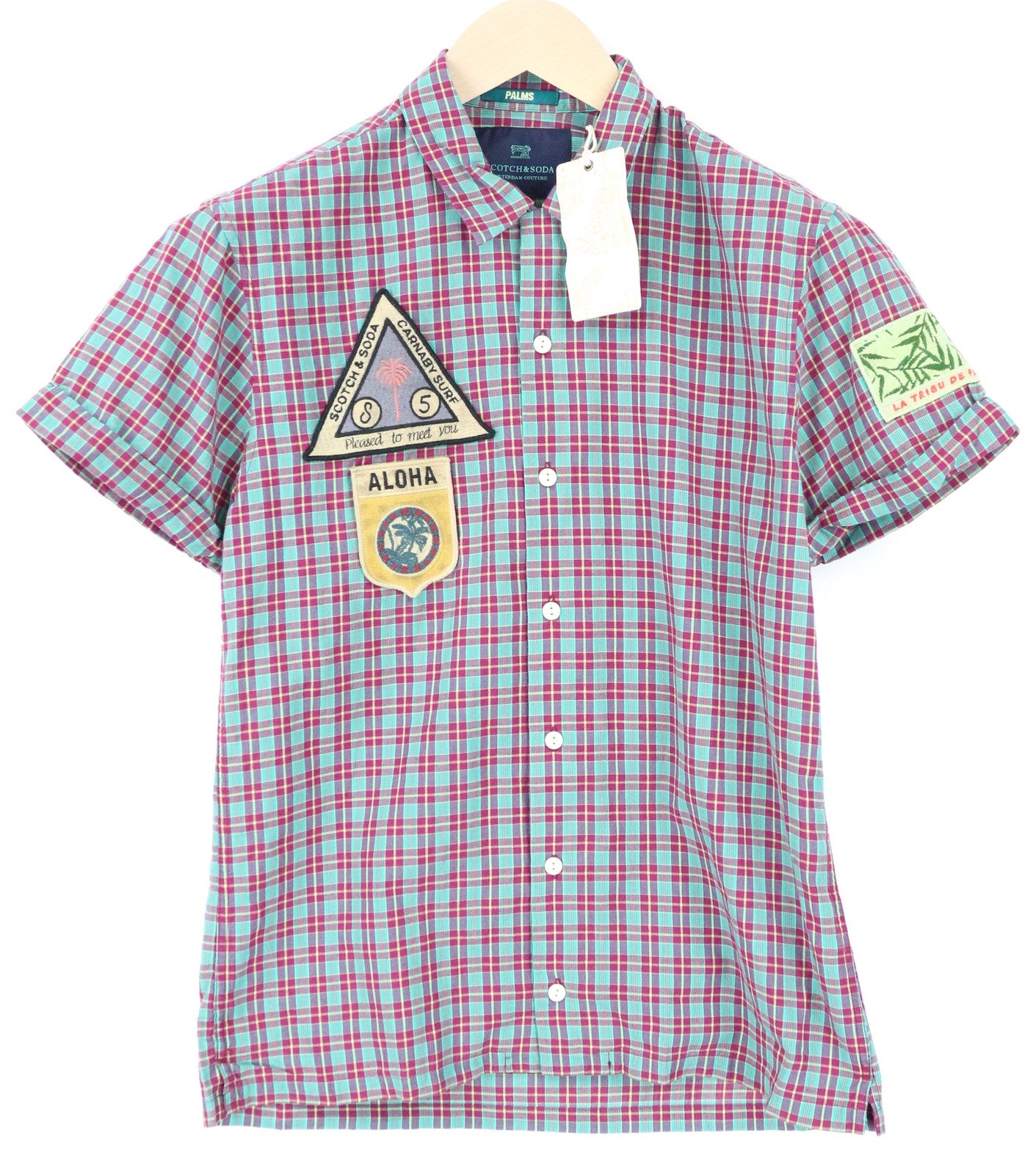 SCOTCH & SODA Ams Couture Men Shirt S Green Cotton Linen Checked Short Sleeved