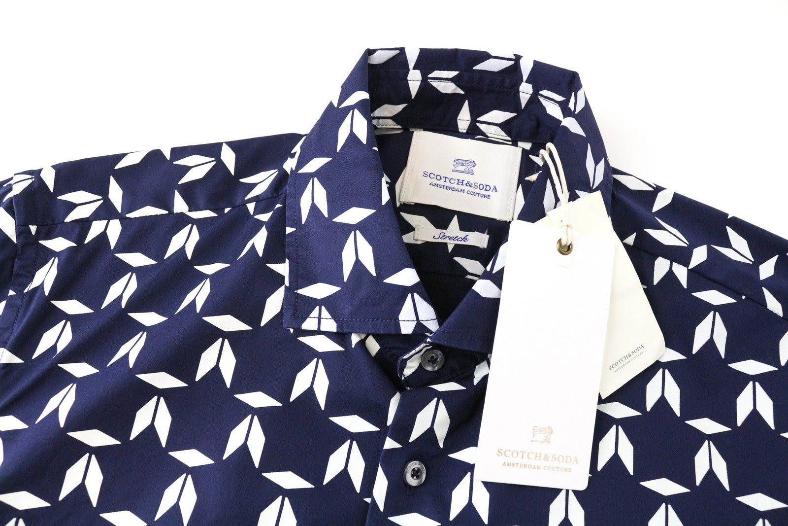 SCOTCH & SODA Ams Couture Men Shirt M Navy Cotton Stretch Patterned Long Sleeve