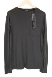REPLAY Men T-Shirt S Greyish Brown Cotton Blend Long Sleeve Pocketed Pull On