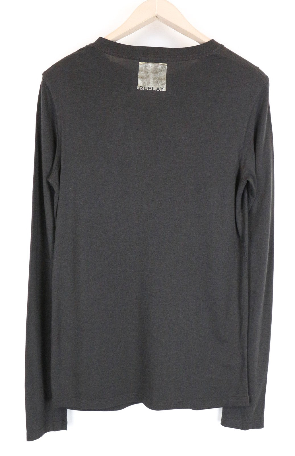 REPLAY Men T-Shirt S Greyish Brown Cotton Blend Long Sleeve Pocketed Pull On