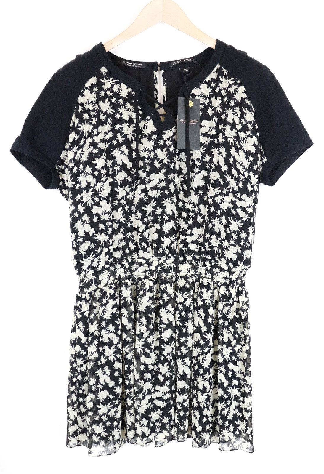 MAISON SCOTCH Women Dress M Black Short Sleeved Patterned Pleated Lined Short