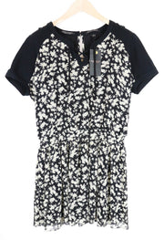 MAISON SCOTCH Women Dress M Black Short Sleeved Patterned Pleated Lined Short