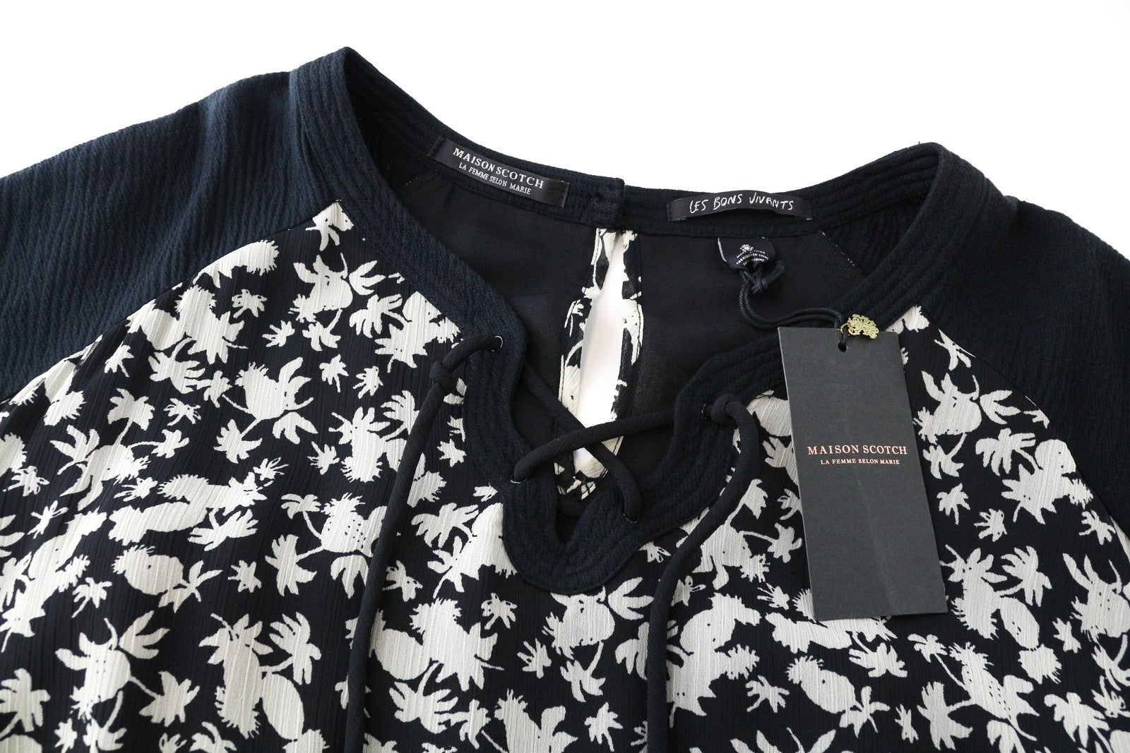 MAISON SCOTCH Women Dress M Black Short Sleeved Patterned Pleated Lined Short