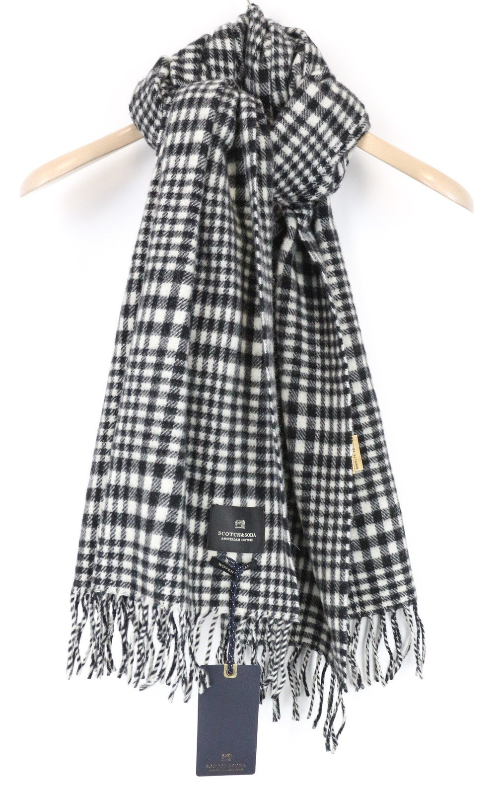 SCOTCH & SODA Men's Scarf OS Grey Wool Blend Tartan Checked Tassel Style Unisex
