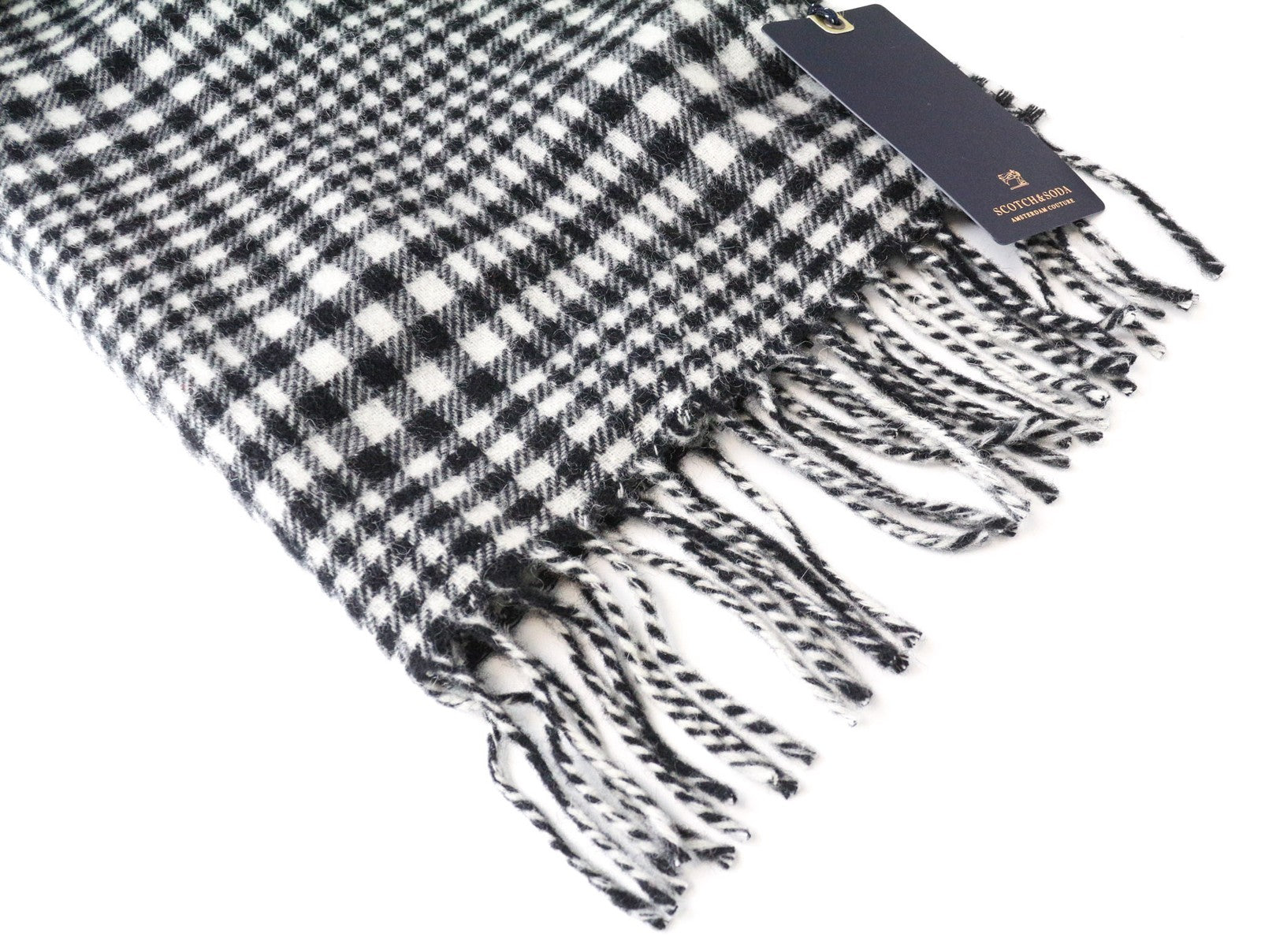 SCOTCH & SODA Men's Scarf OS Grey Wool Blend Tartan Checked Tassel Style Unisex