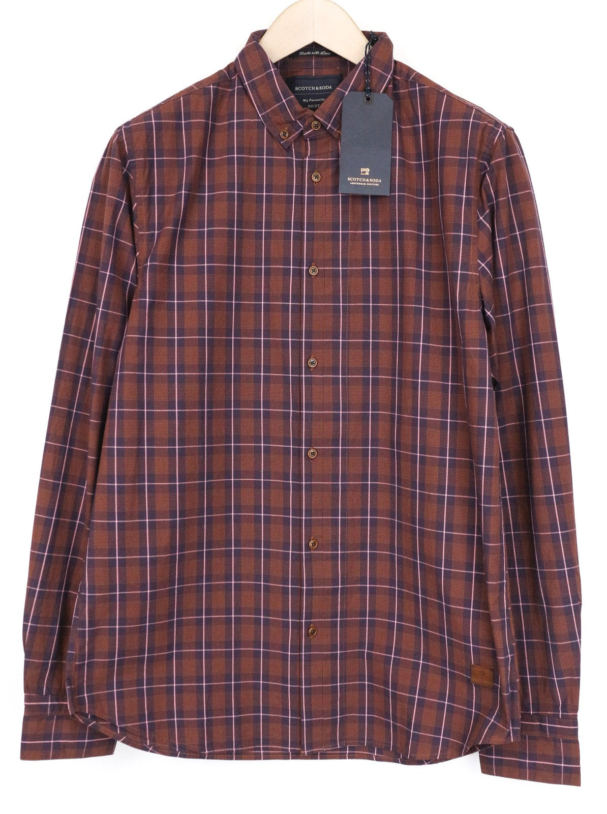 SCOTCH & SODA Men's Shirt S Burgundy Cotton Casual Smart Check Button-Down Style