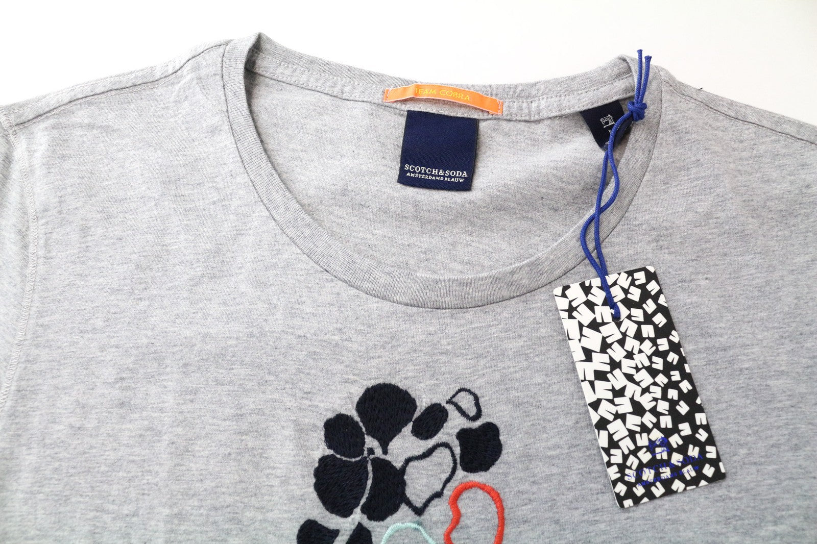 SCOTCH & SODA Men's T-Shirt M Grey Melange Crew Neck Cotton Jersey Embroidered*