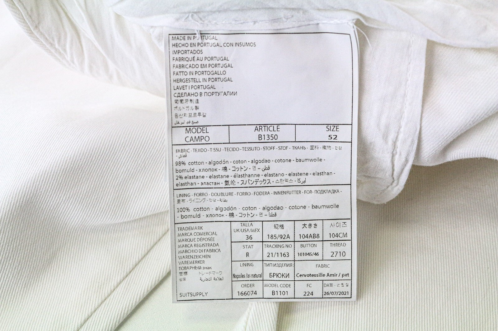 SUITSUPPLY Campo Men's Trousers UK36R White Slim Fit Cotton Blend Pleated