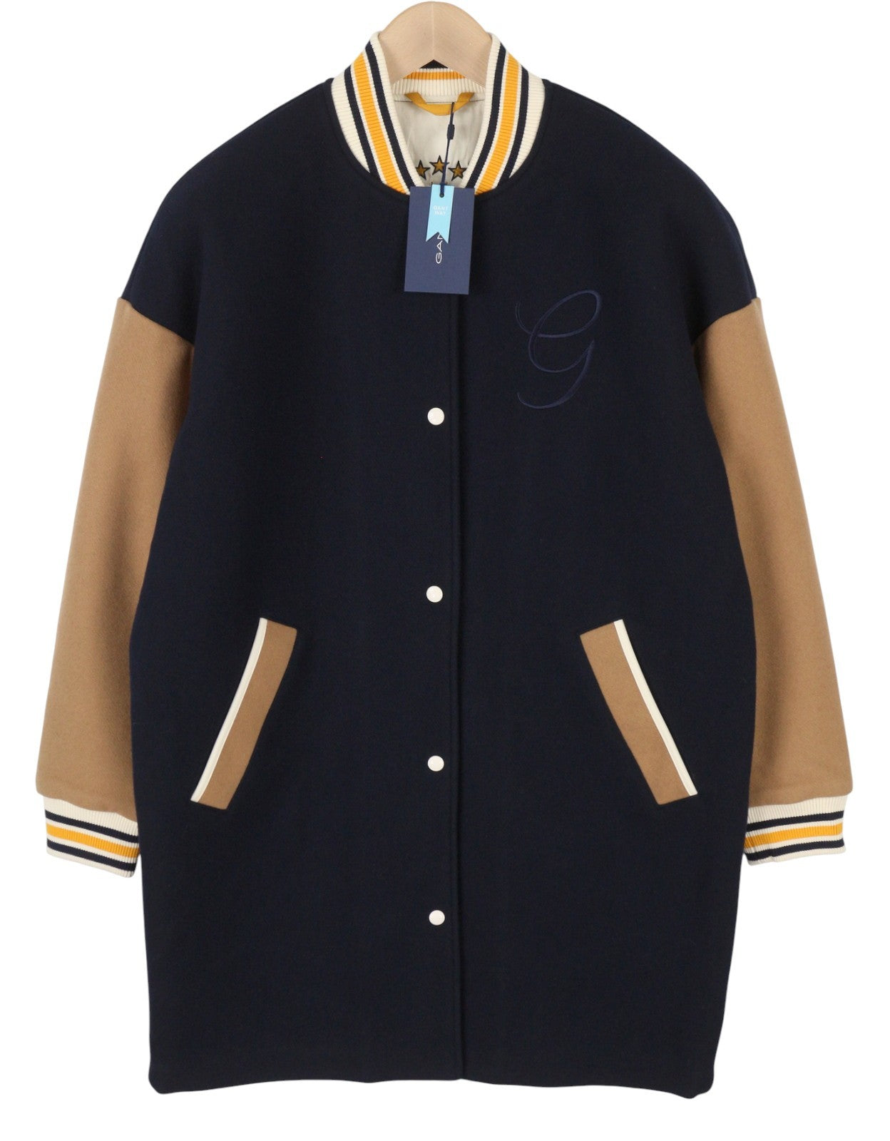 GANT Long Varsity Women Coat M Marine Wool Blend Padded Snap Bomber