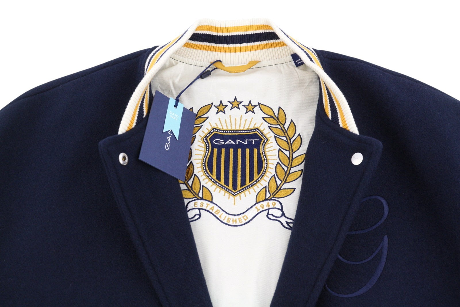 GANT Long Varsity Women Coat M Marine Wool Blend Padded Snap Bomber