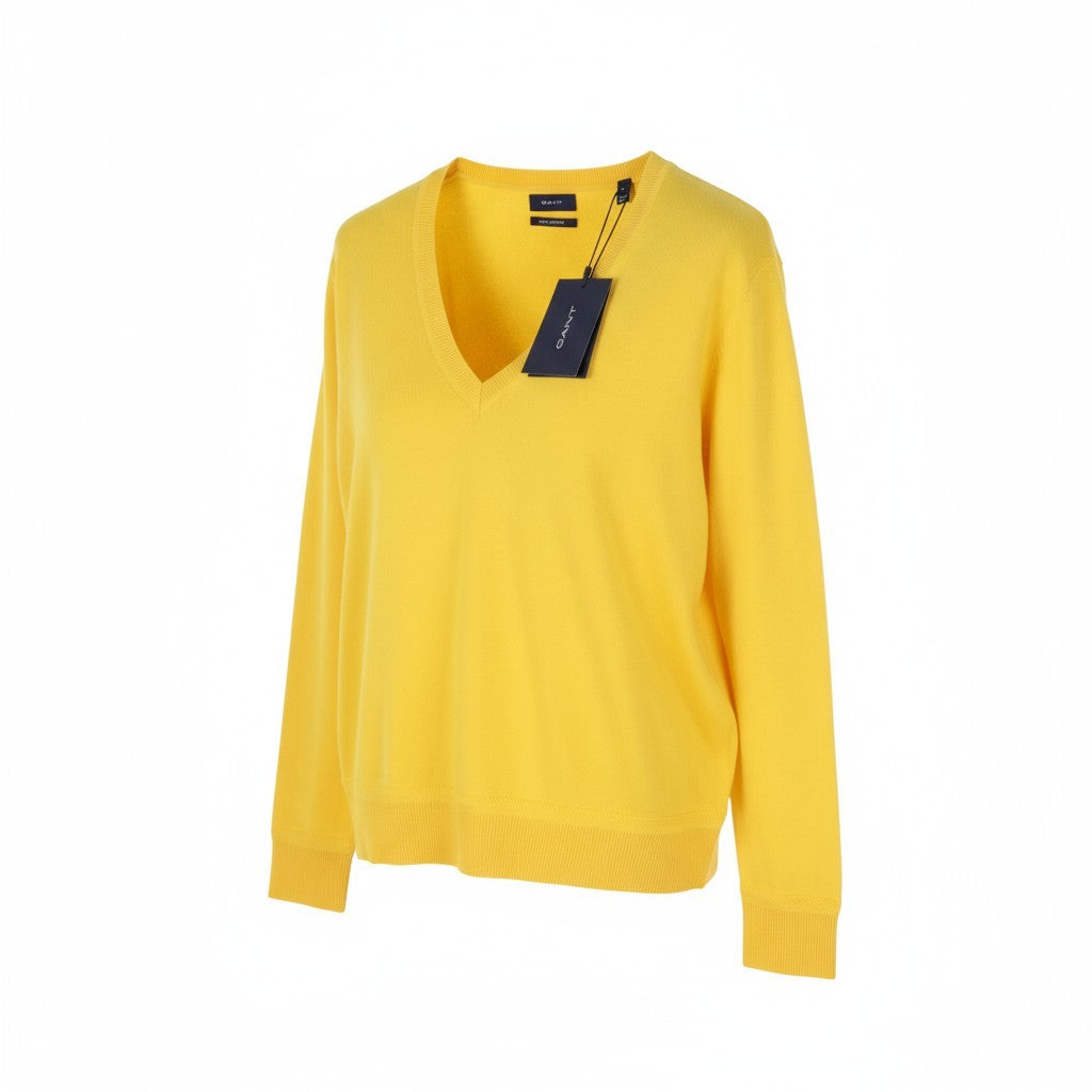 GANT Light Cotton V Neck Women Jumper M Mimosa Yellow Knit Logo Front
