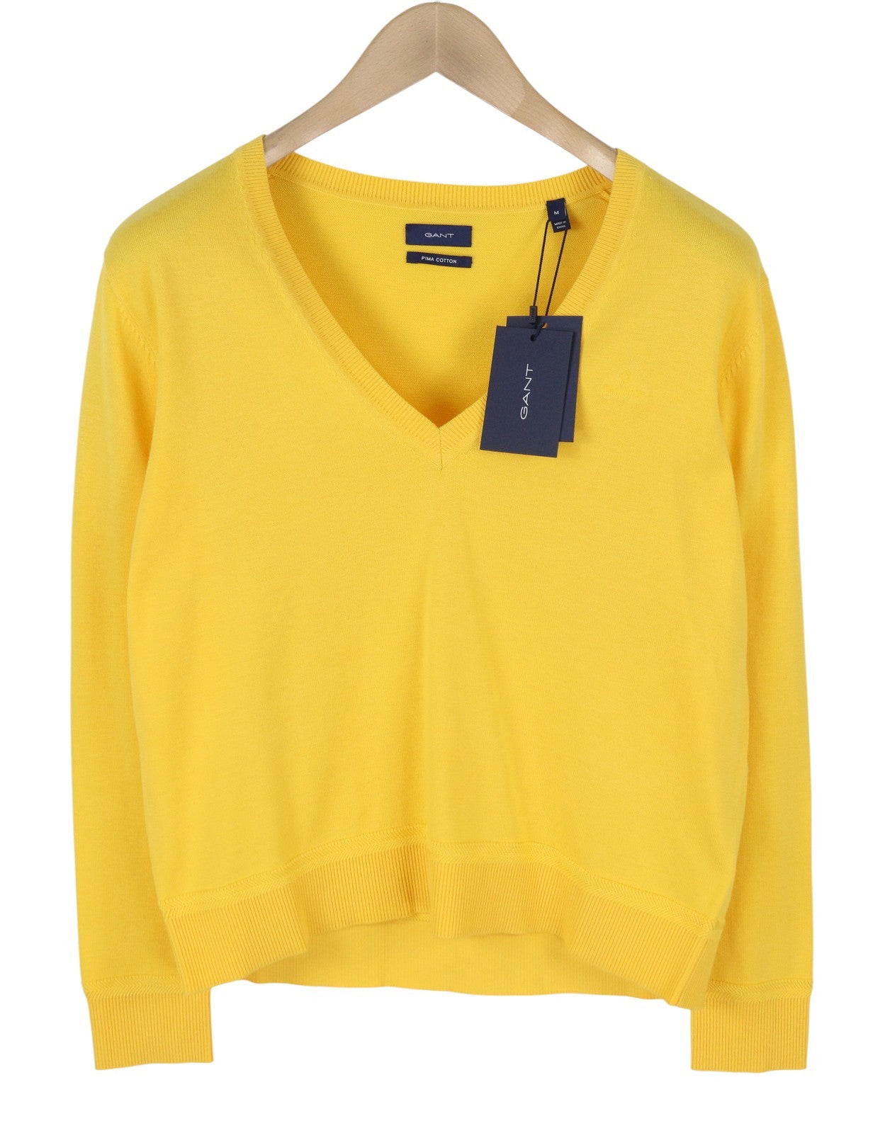 GANT Light Cotton V Neck Women Jumper M Mimosa Yellow Knit Logo Front