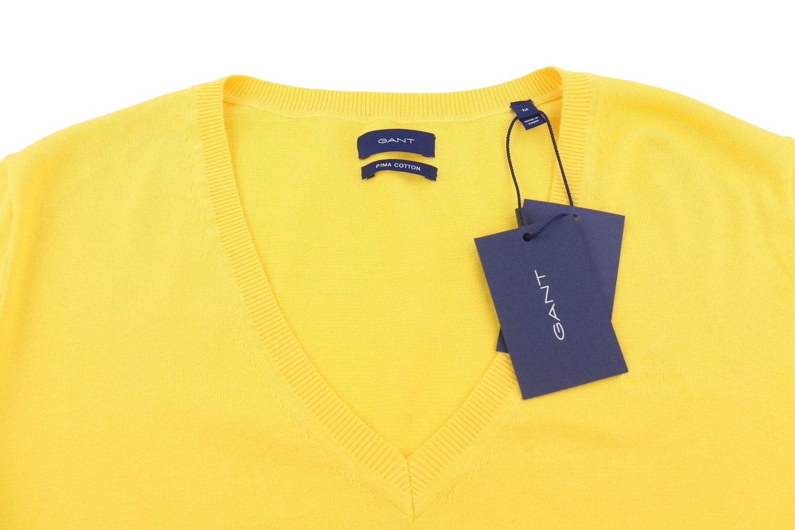 GANT Light Cotton V Neck Women Jumper M Mimosa Yellow Knit Logo Front