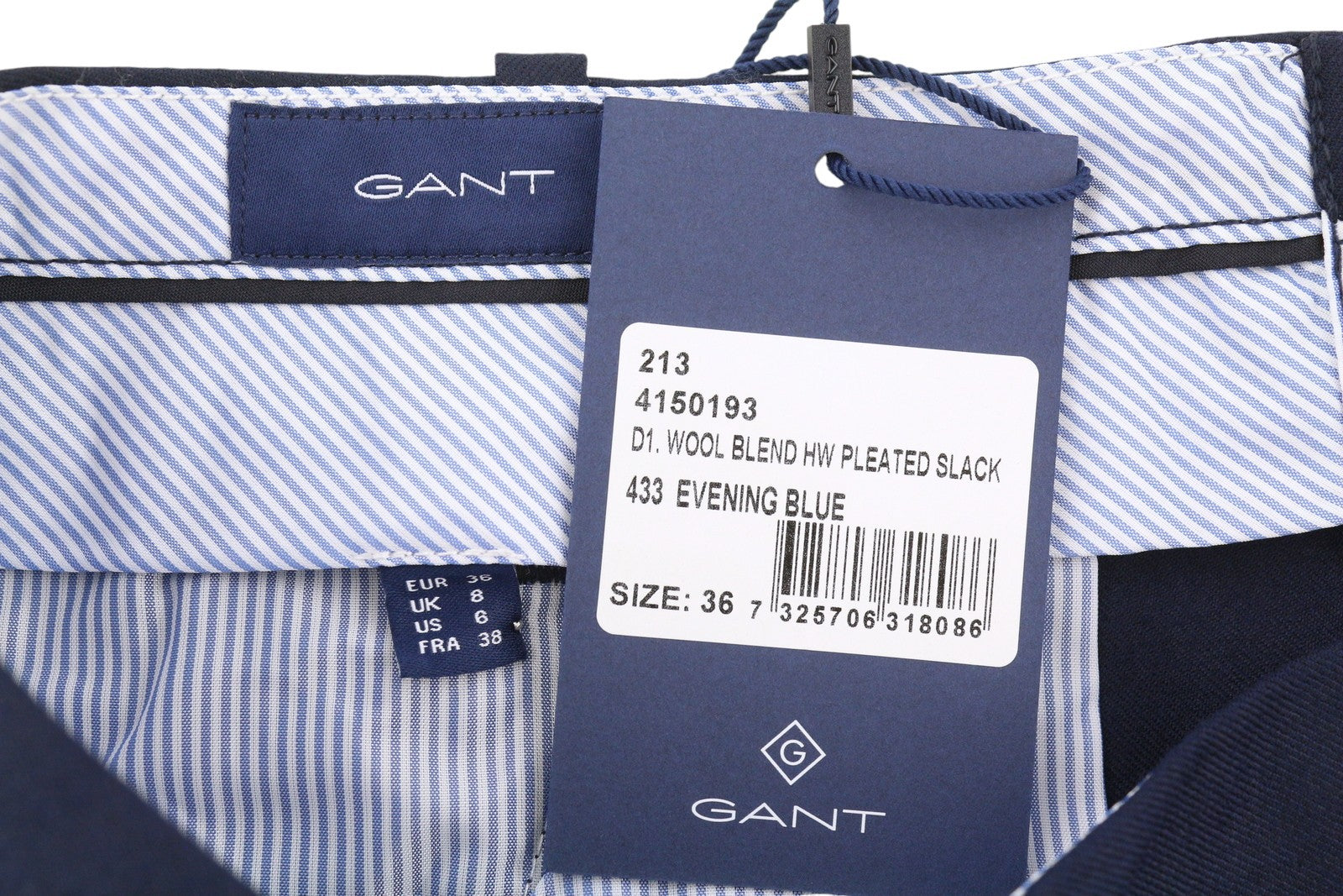 GANT Wool Blend HW Pleated Slack Women Trousers EU36 Blue Straight