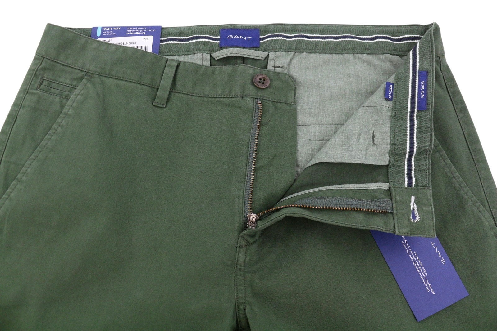 GANT Brushed Extra Slim Chino Men Trousers W32/L34 Thyme Zip