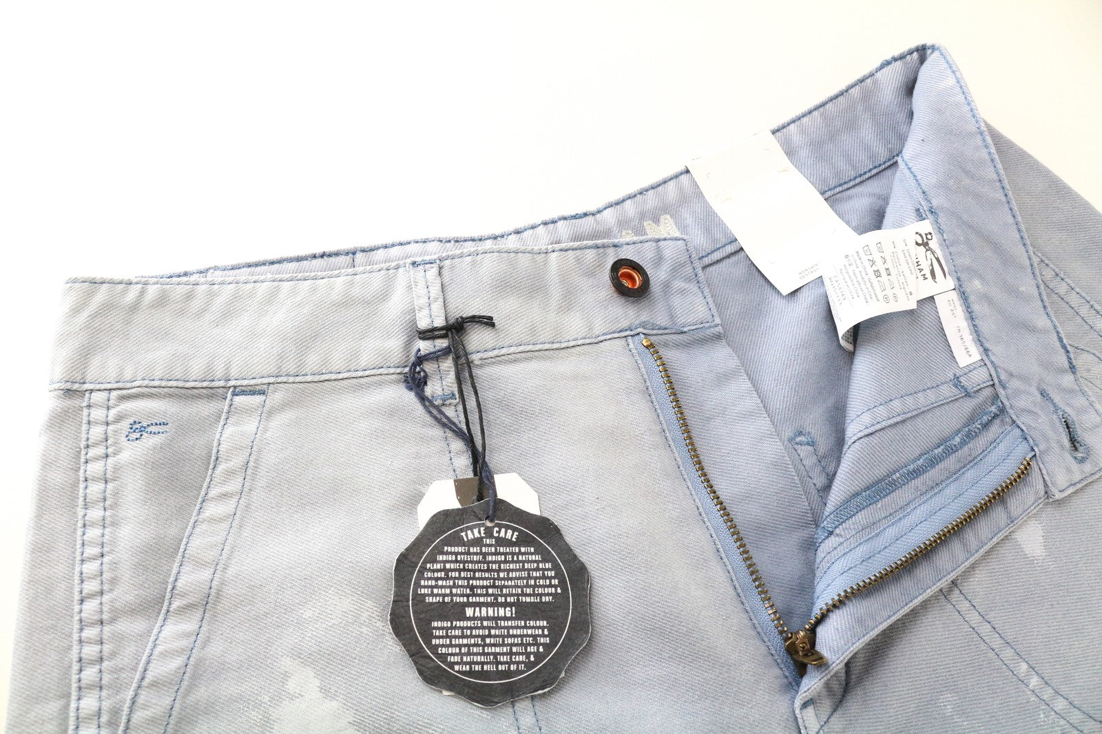 DENHAM Bonnie Women Trousers W26/L28 Wide Blue Linen Cotton Painted Aged Look